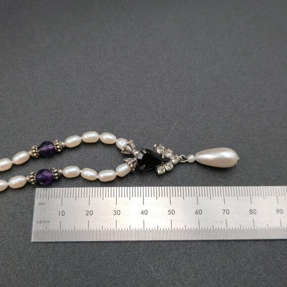 16.5 + 3 Inch Sterling Silver Pearls And Amethyst Stones Necklace B1006 - Picture 6 of 7